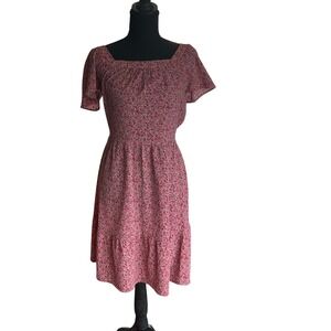 Monteau Los Angeles Pink Floral Square Neck Tiered Mini Dress Small